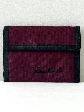 Vintage EDDIE BAUER Trifold Wallet Burgundy Nylon Hook Loop Flap Close USA Y2K
